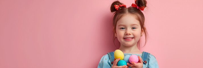 Obraz na płótnie Canvas Happy child holding Easter egg banner, DIY family decoration, spring joy