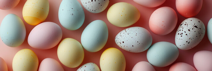 Easter eggs banner, decorated pastel eggs, festive spring background, DIY celebration