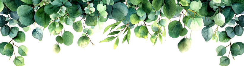Watercolor illustration of green eucalyptus leaves forming a delicate, airy border, isolated on transparent or white background
