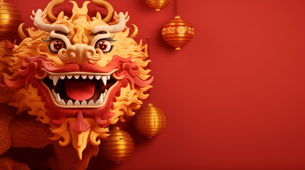 golden chinese dragon on red color background, Red chinese dragon pattern on red background, New Year abstract greeting backdrop with copy space. Design for poster, card, banner. Generative Ai