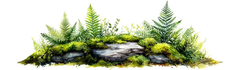Watercolor painting of lush green ferns and foliage on the rock, showcasing vibrant diversity against, isolated on transparent or white background