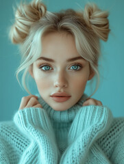 Elegancja w jasnoniebieskich odcieniach. Urocza blondynka w jasnoniebieskim swetrze z dwoma kokami na głowie prezentuje nie tylko modny styl, ale również subtelność. - obrazy, fototapety, plakaty