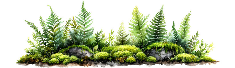 Watercolor painting of a lush, green fern garden with moss-covered rocks, isolated on transparent or white background