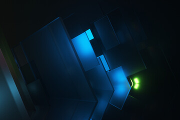 Obraz premium Abstract futuristic concept made of neon color displays and layers of glass in a dark room. 3d rendering illustration.