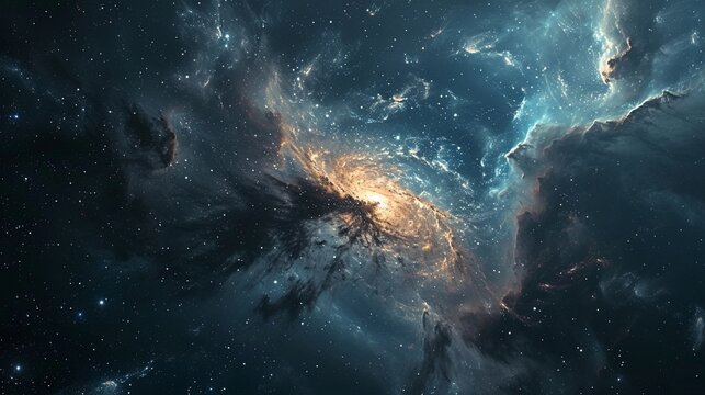 A cosmic theme with swirling dust patterns against a dark star-filled sky.