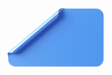 Blue rectangular shaped sticker curled from the corner isolated on a white background. 3d rendering illustration.