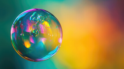 Close-up of a soap bubble, rainbow colors, plain background.