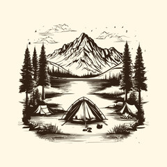 Vector hand sketch campfire with mountains and trees outline