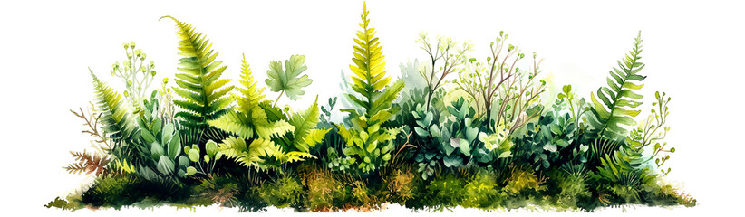 Watercolor painting of lush green ferns and foliage, showcasing vibrant diversity against, isolated on transparent or white background