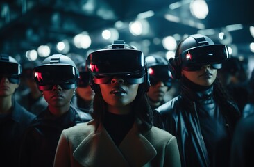 people wearing futuristic high tech virtual reality glasses, vr headset