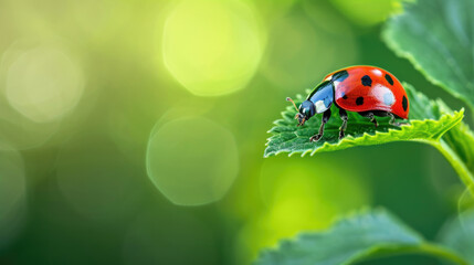 Macro shot of a ladybug on a leaf, blurred green background.