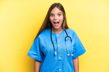 Young nurse caucasian woman isolated on yellow background with surprise facial expression
