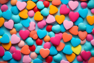 Fototapeta na wymiar Colorful rainbow love heart pattern illustration. Diverse hearts background print. Valentine's day holiday backdrop texture