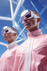 people wearing futuristic high tech virtual reality glasses, vr headset