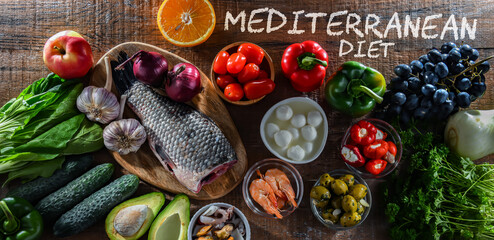 Food products representing the Mediterranean diet