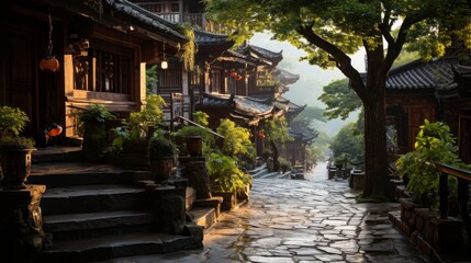 Fototapeta premium Ancient buildings, eaves, ancient lamps, tranquility, buildings, copper rings