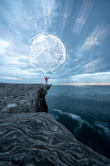 a man standing at cliff with virtual glob icon connecting show connected of world internet network,...