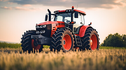 Fototapeta premium Tractor against the background of a sowing field. Agricultural machinery.
