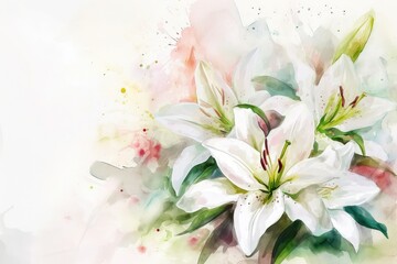 Fototapeta na wymiar A blooming branch of white lily flower background, watercolor, copy space.