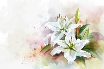 Fototapeta na wymiar A blooming branch of white lily flower background, watercolor, copy space.