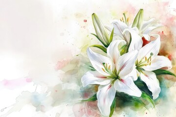 Obraz na płótnie Canvas A blooming branch of white lily flower background, watercolor, copy space.