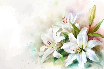 A blooming branch of  white lily flower background, watercolor, copy space.