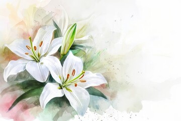 Obraz na płótnie Canvas A blooming branch of white lily flower background, watercolor, copy space.
