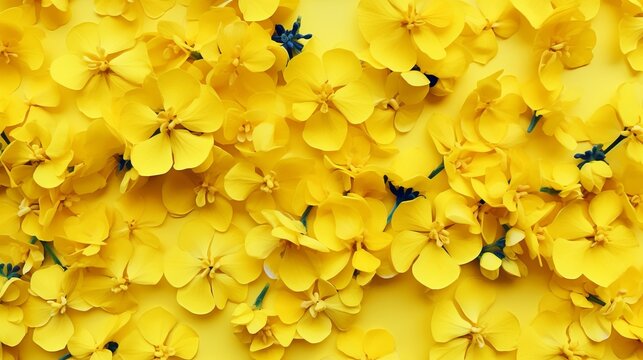 Top view of bright yellow rapeseed, perfect wallpaper, horizontal banner. Agriculture.