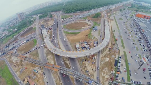 Cityscape with construction site of Borovskaja interchange