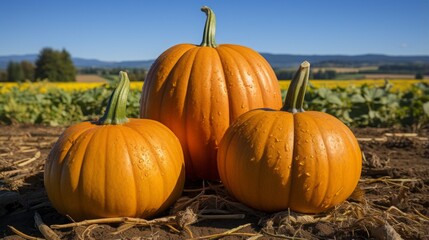 A pumpkin, a big pumkin and a very big pumpkin in a field, blue sky, colorful 