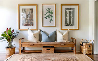 Wooden rustic bench with pillows against wall with two poster frames. Country farmhouse interior design of modern home entryway.

