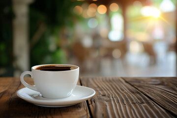 cup of coffee on table in cafe with blurry background