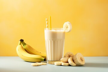 banana and juice on yellow background