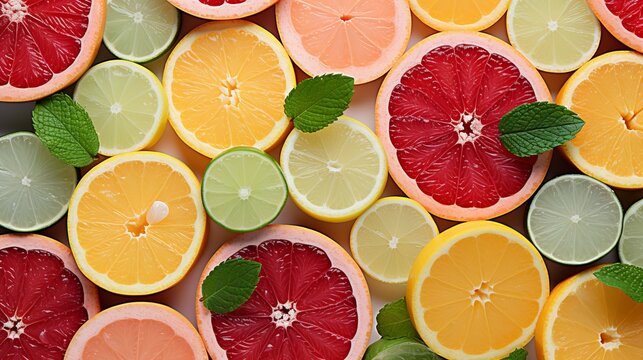 Vibrant citrus slices arranged in a vertical stripe on light background, top view, flat lay.
