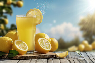 glass of lemon juice and lemons on the table 
