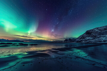 Fototapeta na wymiar Beautiful Aurora Northern or Southern lights in starry night sky. Aurora borealis over the sky at islands. Night winter landscape with colorful scene, sea with sky reflection.