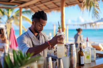 Barman preparing a cocktail in a beach bar