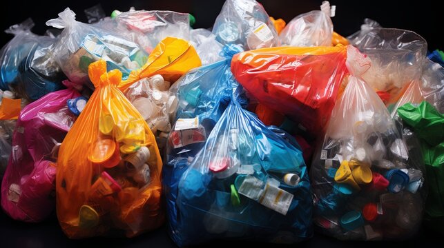 Multi-colored bags with garbage. The problem of environmental pollution with waste, plastic.