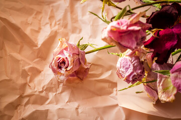 Concept shot of the background theme, wrapping paper, dried roses other flowers and other arrangements. Wedding