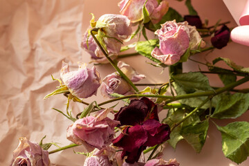 Concept shot of the background theme, wrapping paper, dried roses other flowers and other arrangements. Wedding