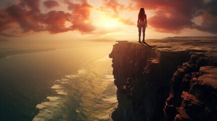 A solitary woman stands on a cliff edge, overlooking a vast ocean at sunset, contemplating nature's...