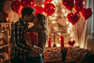 Happy young couple celebrating Valentine's Day. Lovers surprise and give gifts to each other on Valentine's Day. Greeting card and gift box. Holiday concept. Place for text.