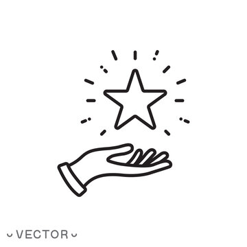 star on the hand icon, outline high reward, status good quality, star shine, thin line symbol isolated on white background, editable stroke eps 10 vector illustration