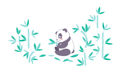 Obraz premium Panda eats bamboo. cute sitting panda bear. from a collection of vector illustrations with a panda. Elements for children's design. Panda and bamboo. Symbols of China.