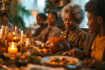 Thanksgiving Day. Autumn holiday. Happy family sits at the table and celebrates the holiday. Traditional dinner. Grandparents, mother and children. Happy family having dinner at festive table. - Powered by Adobe