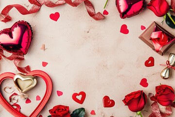 Valentine's Day background with red hearts, gift boxes, roses and ribbons. AI generated
