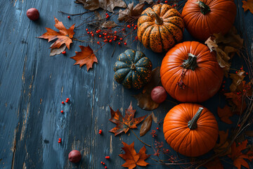 Concept composition for Thanksgiving Day made of autumn leaves and pumpkins on a dark background. Autumn background. Flat lay, top view with copy space. Mockup - obrazy, fototapety, plakaty