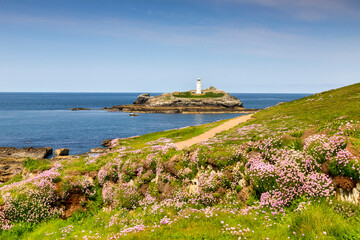 Fototapeta na wymiar Godrevy Head, Cornwall, UK - Godrevy Head and Godrevy Lighthouse on a sunny spring day, and an abundance of sea thrift in bloom.