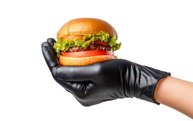 Hamburger in hand isolated on white transparent background. A hand in a black glove holds a juicy...
