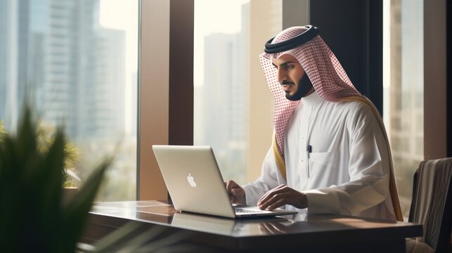 Arabic businessman sitting in his office in traditional Arabic dress